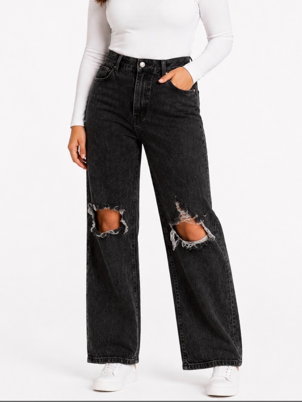 We the Free-Free People Black Distressed Straight Leg Jeans busted knee SZ 31"